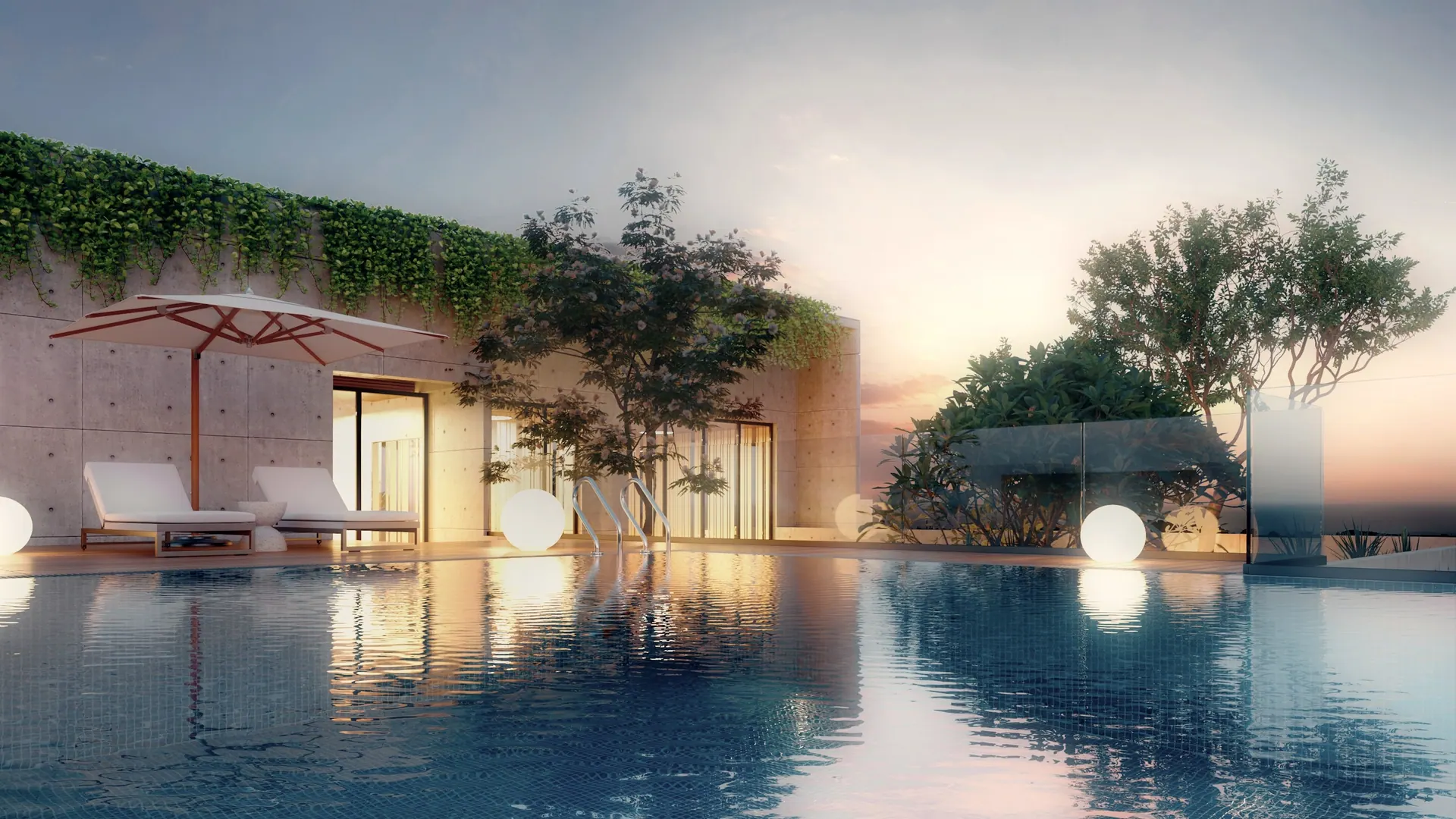 Área externa com piscina iluminada ao anoitecer, cercada de vegetação. Imagem ilustrativa.