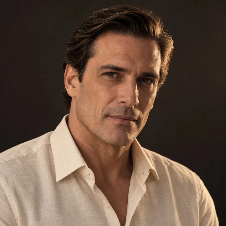 Retrato gerado por IA de Otávio Lencastre, corretor fictício: rosto e ombros, camisa clara, fundo escuro.